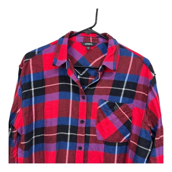 EXPRESS Women SZ M Red Plaid Flannel Cropped Button Down Shirt Long Sleeve - Picture 11 of 11